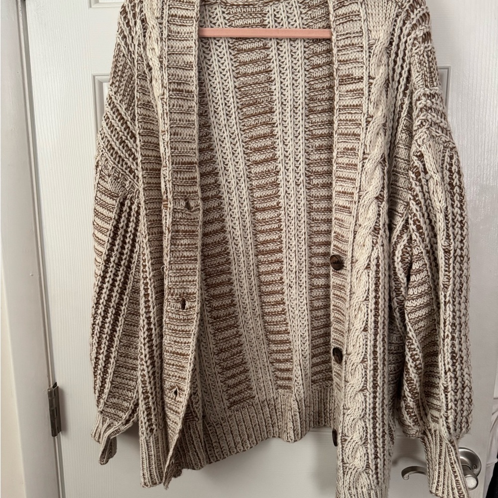 Cozy Cable Knit Cardigan Sweater - Brown and Cream